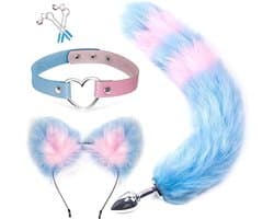 Intenz® - Buttplug Set 4-delig - Foxtail buttplug - Sex toys voor koppels - Staart - Blauw/Roze