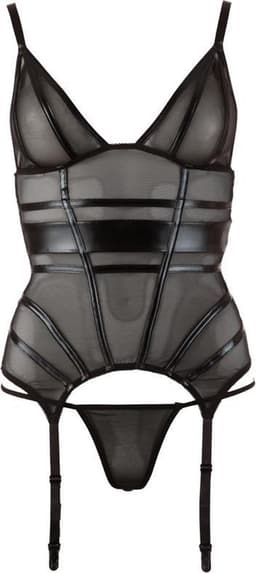 Cottelli Collection – Jarretel Jurk met Wetlook Banden en String voor Seksuele Spanning – Maat S – Zwart — thumbnail 1