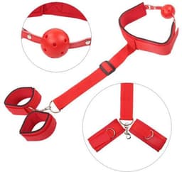 BDSM Gag Bondage Set - SM Seksspeeltjes - Gagball met Handboeien - Erotiek Toys - Rood — thumbnail 4