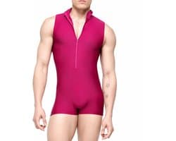 Heren Bodysuit – Mouwloos met Rits – Strakke Pasvorm – Roze – Stretch Outfit