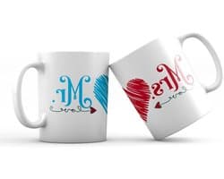 Kopjes set - Voor hem en haar - Cadeau geven - Hartvormig handvat - 1 paar - Mr & Mrs