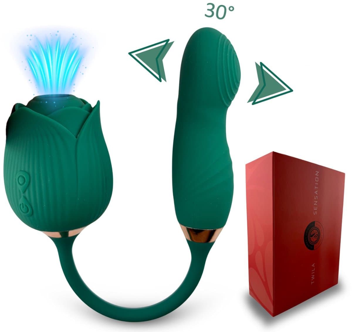 SlipperyHeights® Twila - 2 in 1 Luchtdruk Stotende Roos Vibrator - Clitoris Satisfy en G-Spot Stimulatie - Intense 20 Standen - Siliconen Sex Toy voor Vrouwen - Dildo - Groen — afbeelding 1