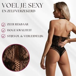 Elana Renelle Lingerie Body Dames – One Size – Kanten Body met Open Kruis – Haltermodel – Zwart — thumbnail 4