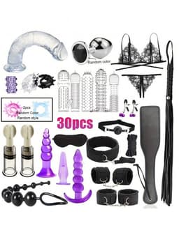 Daity 30-delige BDSM Sex Speeltjes Set - Erotische Bondage Set met Vibrator, Handboeien, Buttplugs, Zweep, en Meer - Volwassen Speelgoed voor BDSM Spelletjes en Intiem Spel - zwart — thumbnail 1