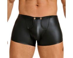 Sexy Heren Boxershort PU Leer met Drukknoopjes & Open Kruis – Uitdagend Zwart Wetlook Mannen Ondergoed