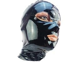 BNDGx® -100% Latex Masker ogen mond open - Anoniem Erotiek - Extreme BDSMsm fetish Rollenspel kleding Zwart nek ring