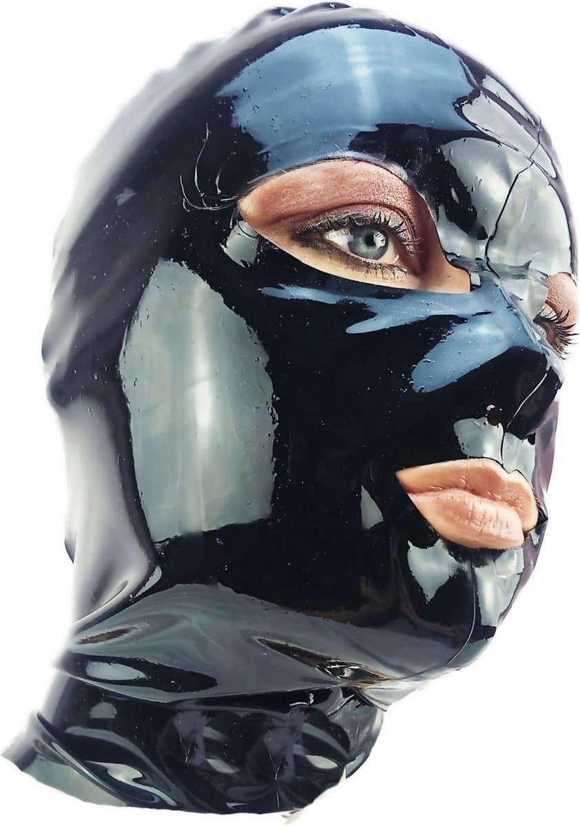 BNDGx® -100% Latex Masker ogen mond open - Anoniem Erotiek - Extreme BDSMsm fetish Rollenspel kleding Zwart nek ring — afbeelding 1