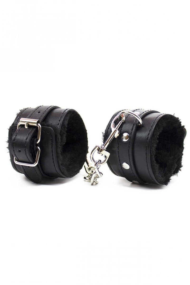 Handboeien Zwart Leer Gevoerd - Luxe Polsboeien met Bont Voering - Verstelbare Bondage Handboeien - BDSM Accessoires met Sleutel - One Size S-3XL - Comfortabele Handboeien - La Nuita — afbeelding 1