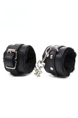 Handboeien Zwart Leer Gevoerd - Luxe Polsboeien met Bont Voering - Verstelbare Bondage Handboeien - BDSM Accessoires met Sleutel - One Size S-3XL - Comfortabele Handboeien - La Nuita — thumbnail 1