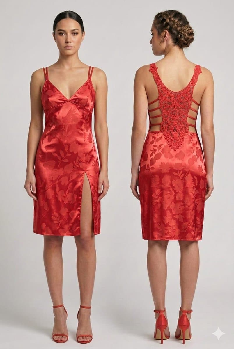 Satin koraalrood nachtkleding Jurk met Bloemenprint – V‑Hals, Open Rug & Split – Coral Red – Nacht Jurk - Nachtjapon — afbeelding 1