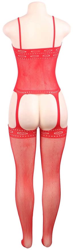 Zeloria Bodystocking – Rode Lingerie Catsuit met Jarretelle Look – Sexy Netstof – Open Kruis – XS/M — thumbnail 4