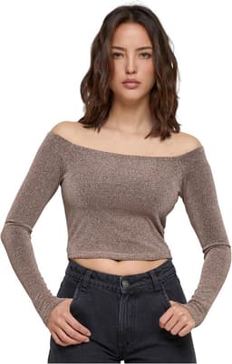 Dames Off Shoulder Glitter Longsleeve Shirt Bordeauxrood — thumbnail 1