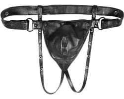 LekkerStout PU Lederen Jockstrap - Verstelbaar - Zwart - Sexy Herenlingerie - | S-L | ( LS095 )