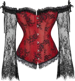 Corset Dames Rood Zwart Kant – Lange Mouwen Sexy — thumbnail 3
