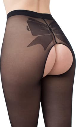 Giulia 40 denier panty met open kruisje en een grote strikpatroon - Kleur Zwart - Maat Large — thumbnail 2