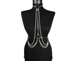 Nooitmeersaai - Harnas Vrouw - Leer - Kettingen - Zwart - BDSM Extreme - Bondage Harnas
