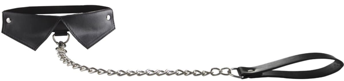 Ouch! Exclusieve Lederen Halsband met Kraagje en Schakelriem met Lus – Zwart — afbeelding 1
