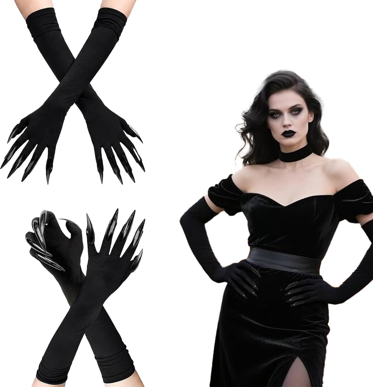 Handschoenen Halloween - Halloween lange poothandschoenen zwart met rode nagels, uniseks voor dames en heren, cosplay heksenhandschoenen, elastische griezelhandschoenen — afbeelding 1