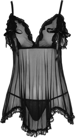 Cottelli Collection – Baby Doll met Spannende Strikjes Rondom Tepels Licht Transparant – Maat S – Zwart — thumbnail 2