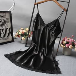Satijnen Nachtjurkje Dames met Kant – Sexy Lingerie Nachthemd – Chemise met Spaghettibandjes – Zwart – One Size EU XS-M — thumbnail 2
