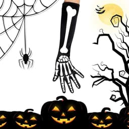 Handschoenen met lange mouwen, zwart, skelet lange handschoenen, Halloween--kostuumaccessoires, doodshandschoenen, skelethandschoenen, armwarts, Halloween, schedel, geest, lange — thumbnail 2