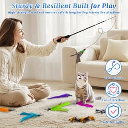 14-delige kattenveer teaserset, interactief kattenspeelgoed met 2 intrekbare kattenhengels en 12 stuks vervangingsspeelgoed voor binnenkatten en kittens, oefening, spelen, plezier — thumbnail 3