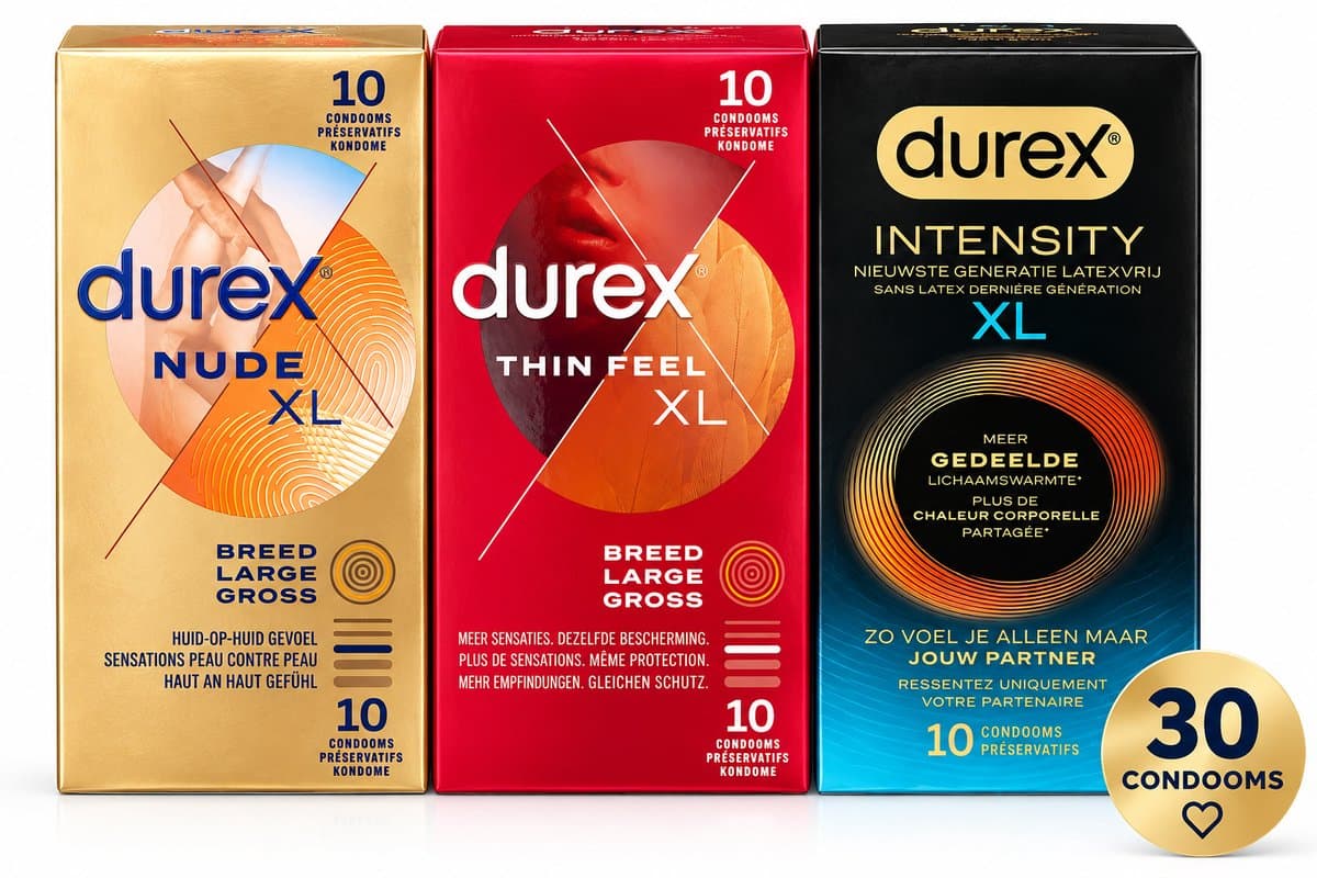 Durex XL Condoom Variatiebundel – Nude XL + Thin Feel XL + Intensity XL – 30 Condooms – 3x 10 Stuks — afbeelding 1
