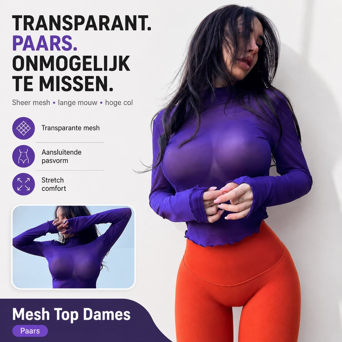 Sexy Transparante Mesh Top Dames – Paars – Lange Mouw met Col – Sexy Sheer Shirt – Stretch – Festival & Clubwear — afbeelding 1