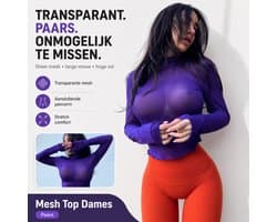 Sexy Transparante Mesh Top Dames – Paars – Lange Mouw met Col – Sexy Sheer Shirt – Stretch – Festival & Clubwear