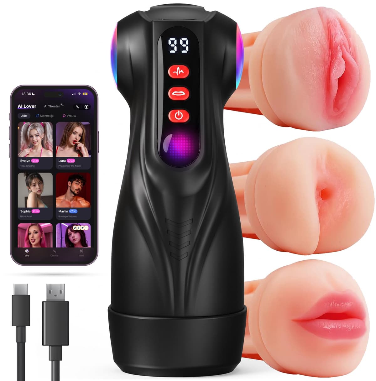 Nuvance Masturbator voor Man - Pocket Pussy met 3 Verwisselbare Sleeves - Vagina, Anus & Mond - Sex Toys voor Mannen Electrisch - 18 Standen - Vibratie & Zuigkracht - Vibrators voor Mannen — afbeelding 1