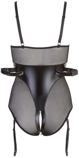 Cottelli Collection – Bondage Jarretel Body Wetlook met Elleboog Riemen en Tepel Sluiting – Maat M – Zwart — thumbnail 4