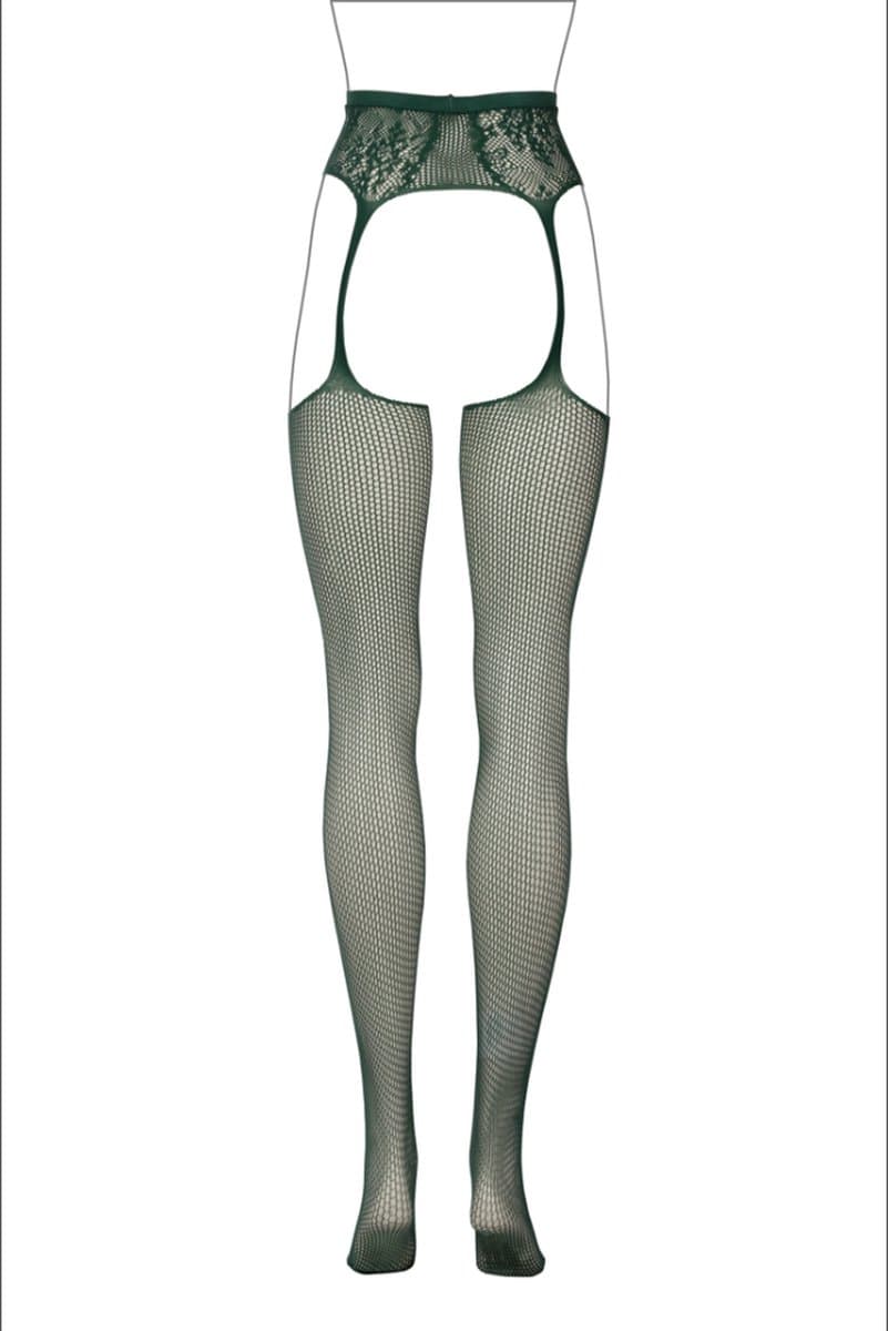 Shots - Le Désir DES051GRNOS - Fishnet/Lace Garter Stockings - One Size - Midnight Green XS - XL — afbeelding 1