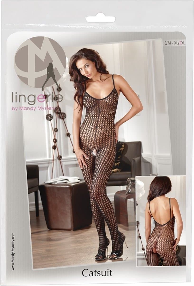 Mandy Mystery Lingerie –  Catsuit met Mesh Ontwerp en Open Kruis voor Erotische Toepassingen – Maat S/M – Zwart — afbeelding 1
