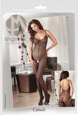 Mandy Mystery Lingerie –  Catsuit met Mesh Ontwerp en Open Kruis voor Erotische Toepassingen – Maat S/M – Zwart — thumbnail 1