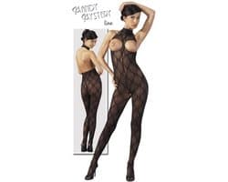 Mandy Mystery Lingerie – Sexy Catsuit Halter Model Klittenband met Vrije Borsten en Open Kruis – Maat SL - Zwart