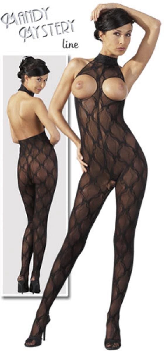 Mandy Mystery Lingerie – Sexy Catsuit Halter Model Klittenband met Vrije Borsten en Open Kruis – Maat SL - Zwart — afbeelding 1