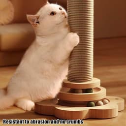 4-in-1 houten kattenrolspeelgoed 2-laags draaitafel interactief houten kattenrolspeelgoed met veren en kattenmuntballen, 40 cm kattenkrabpaal van sisal touw met hangende bal (Groot) — thumbnail 2