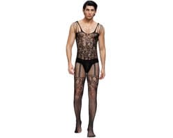 Zeloria Heren Bodystocking Visnet Catsuit – Transparante Heren Lingerie met Kant – Bodystocking voor Mannen – Mesh Stretch Bodysuit – Zwart – L/XXL