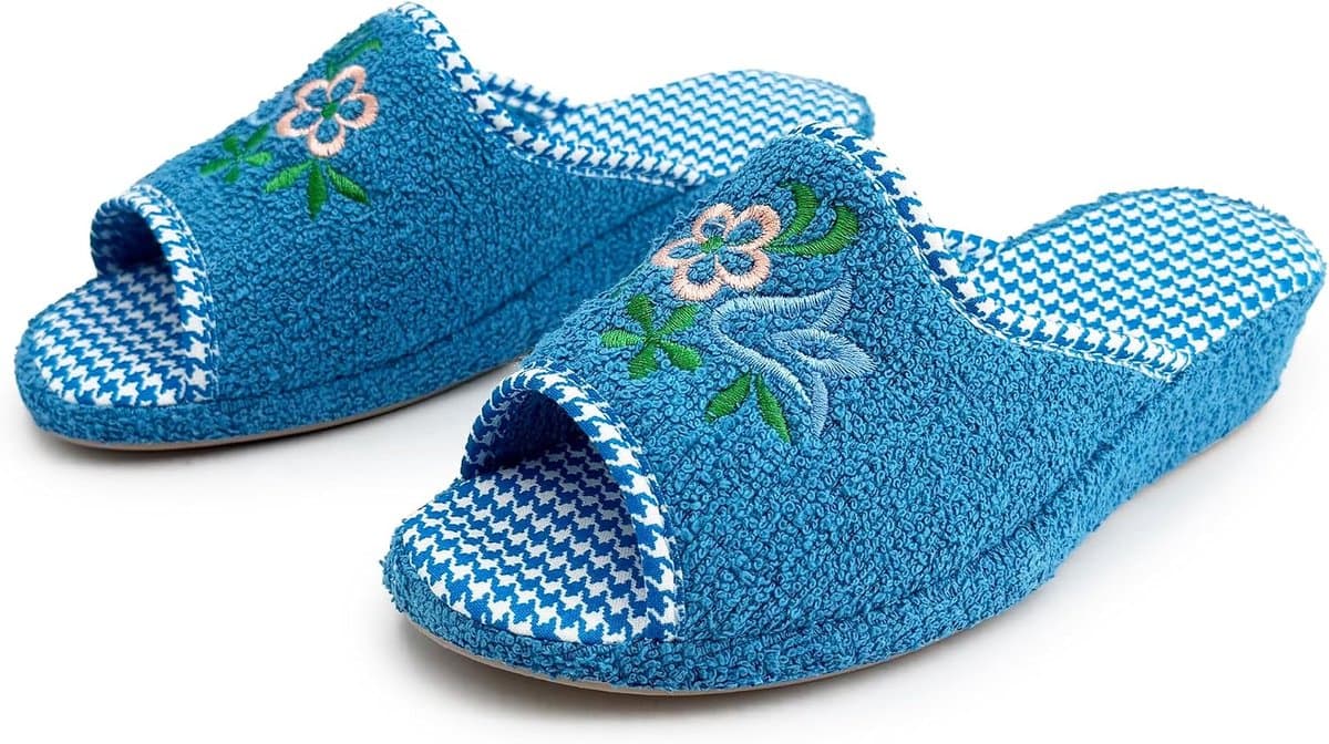 Pantoffels voor dames, badstof, open sleehak, pantoffels, kurk, comfortabele seniorenschoenen, zomer, zacht, licht, orthopedisch, borduurwerk — afbeelding 1