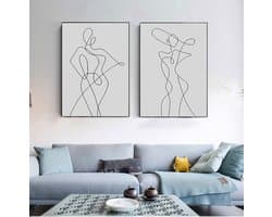 Abstracte Lijntekening Muur Art - Gezicht Vrouw Lichaam - Woonkamer Decor - Canvas Schilderij - 40x60cmx2 - Niet gespecificeerd