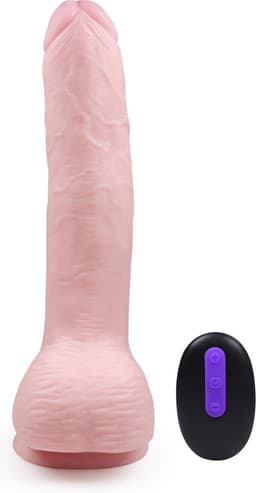 Oplaadbare Vibrator met  Draadloze Afstandsbediening - Dildo met realistische Eikel en Aders - Inclusief Balzak - Huidskleur - 21 CM — thumbnail 2