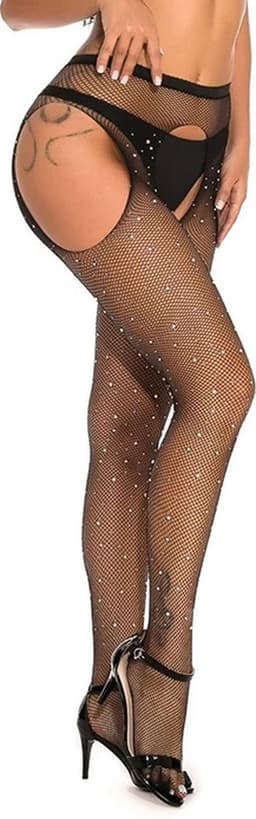 Erotische Erotische Panty Met Glitters I Lingerie I Fishnet I Sexy Erotisch Ondergoed I Open kruis I One Size I Zwart — thumbnail 3