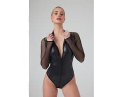 Christine le Duc - Wetlook Zip Body met Open Kruis - Lingerie Erotisch - Maddy - Zwart