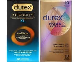 Durex - 20 stuks Condooms - Intensity XL Nieuwste generatie ultradun, gedeelde lichaamswarmte 10st - Nude Huid op Huid gevoel Extra Lube 10st - Voordeelverpakking
