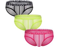 SUKREW Sheer Low-rise Brief Multipack 1x Underground Black + 1x Acid Yellow + 1x Elect Pink - MAAT L - Erotisch Heren Ondergoed - Slip voor Man - Sexy mannen Slip