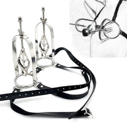 Nooitmeersaai - Tepelstretchers kooi met harnas - Metaal/PU leer - Zilver/zwart - 450 gram — thumbnail 4