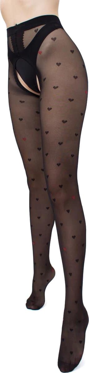 Giulia - Intimo Fashion licht glanzende 20den Panty met hartjes en open kruis - Zwart - L — afbeelding 1