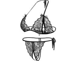 Erotische Lingerieset I Sexy Kanten Lingerie Set I Open Kruis I Top + Slip I One Size I Zwart