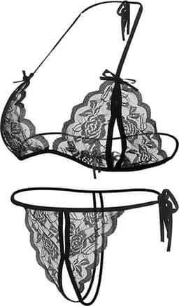 Erotische Lingerieset I Sexy Kanten Lingerie Set I Open Kruis I Top + Slip I One Size I Zwart — thumbnail 1