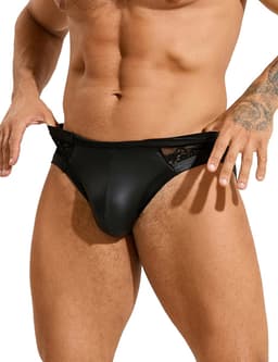Sexy heren slips van leer en kant - maat M/L - BDSM - black sexy leather lace men underwear - clubwear heren latex ondergoed erotiek mannen — thumbnail 2